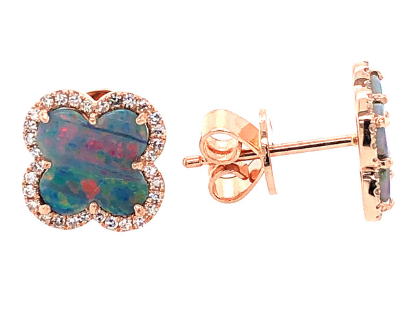 Black Opal Doublet and Diamond Clover Post Earrings