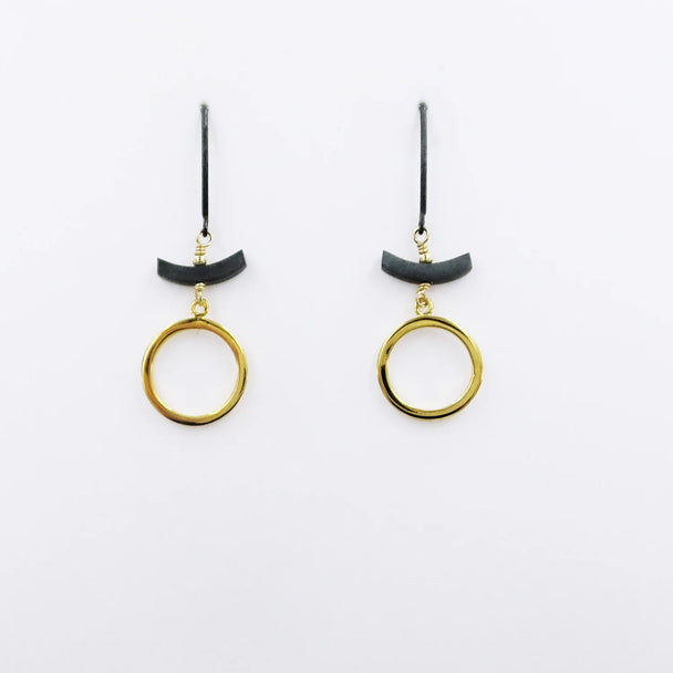 Oxidized Silver with Drop Gold Vermeil Circle Earrings