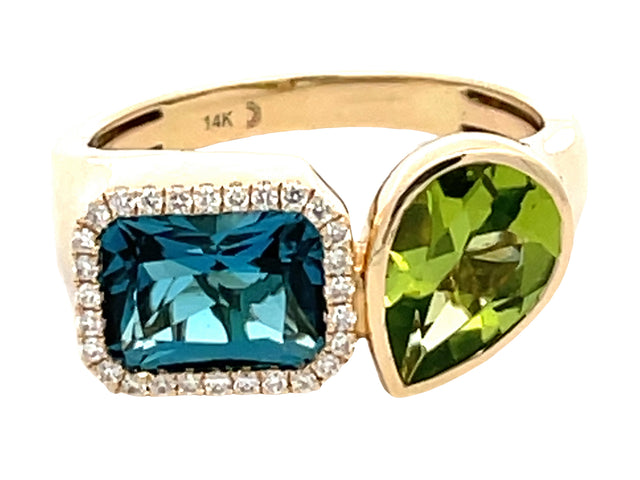 Blue Topaz, Peridot and Diamond Halo Ring