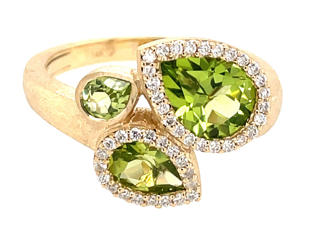 Pear Shaped Peridot and Diamond Halo Ring