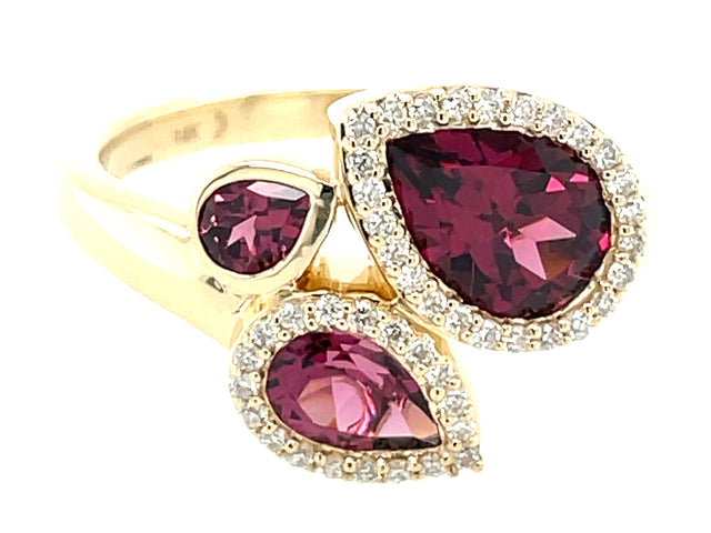 Pear Shaped Rhodolite Garnet and Diamond Halo Ring