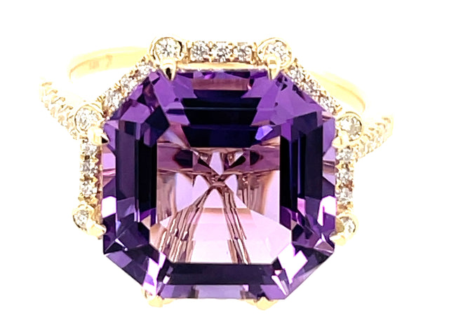 Asscher Cut Amethyst and Diamond Halo Ring