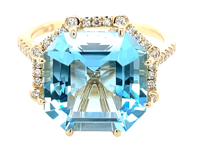 Asscher Cut Blue Topaz and Diamond Halo Ring