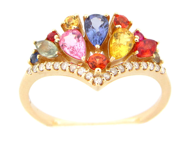 Rainbow Sapphire and Diamond Fan Ring