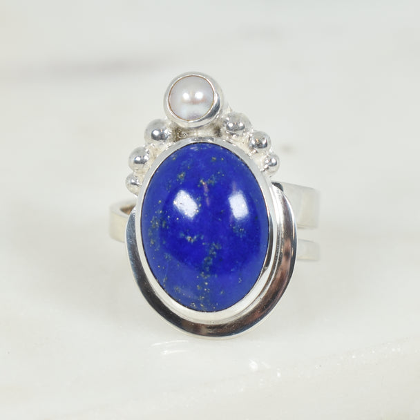 Lapis and Pearl Adjustable Ring