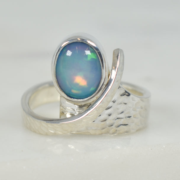 African Opal and Hammered Sterling Silver Adjustable Ring