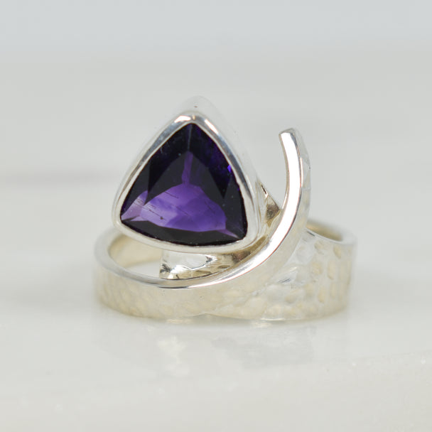Amethyst and Hammered Sterling Silver Adjustable Ring