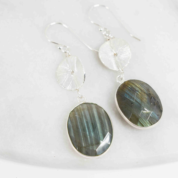 Silver Disc and Labradorite Earrings