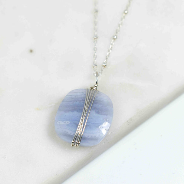 Sterling Silver Wrapped Blue Lace Agate Necklace