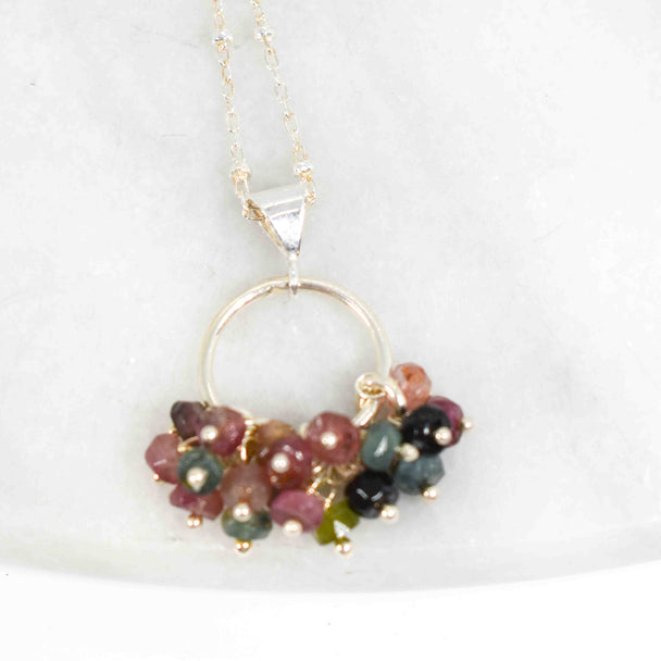 Watermelon Tourmaline Cluster and Sterling Silver Necklace