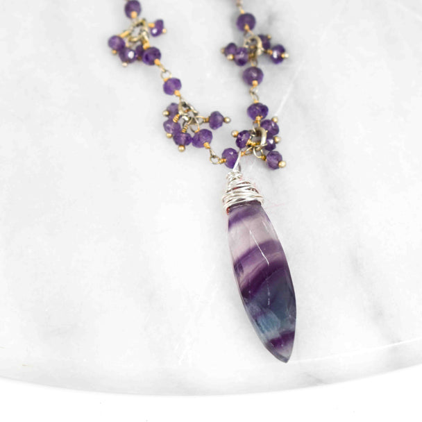 Top Wrapped Quartz and Amethyst Cluster Necklace