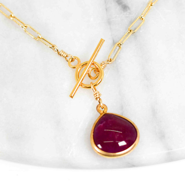 Gold Fill Paper Clip Front Clasp Ruby Necklace
