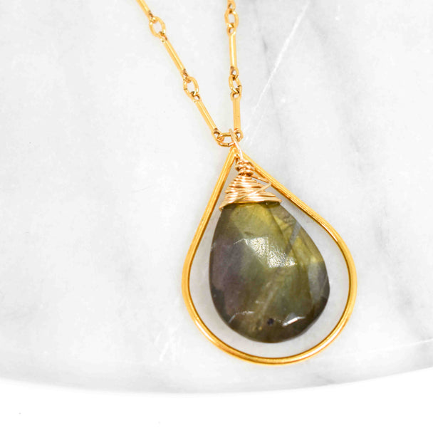 Top Wrapped Labradorite and Gold Pear Necklace