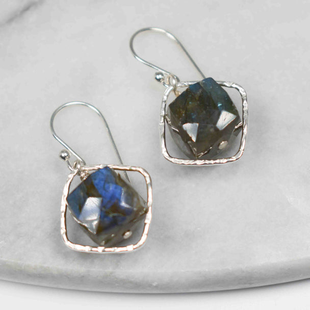 Cube-Shaped Labradorite and Sterling Silver Framed Earrings