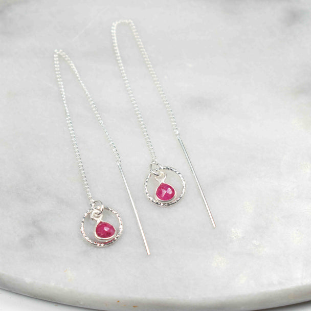 Ruby and Small Circle Threader Earrings