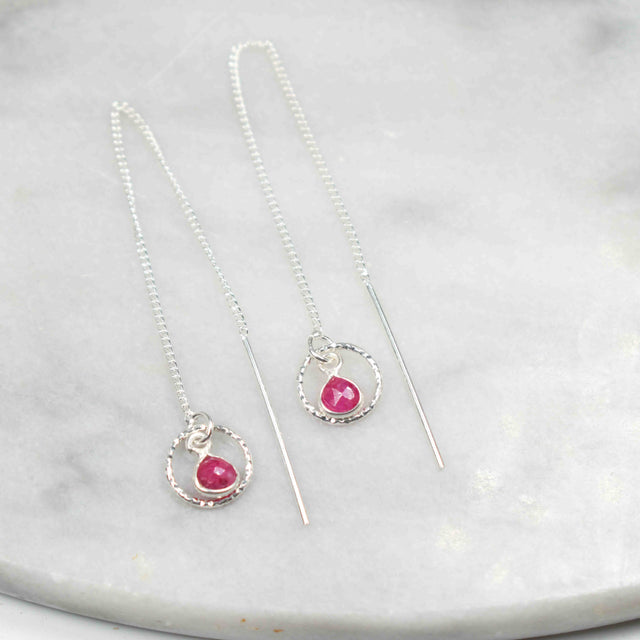 Ruby and Small Circle Threader Earrings
