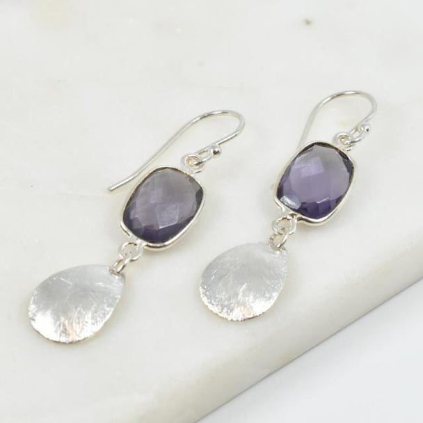 Amethyst and Brushed Sterling Silver Pear Earrings