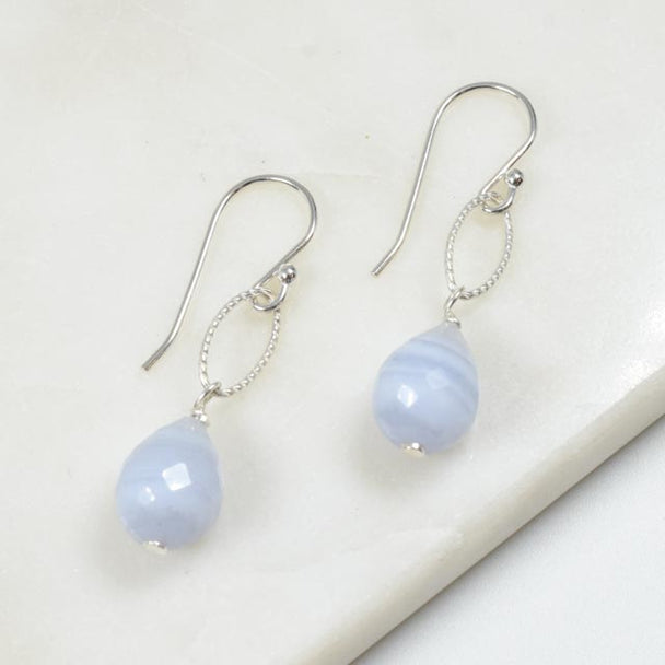 Blue Lace Agate Tear Drop and Silver Drop Earrings