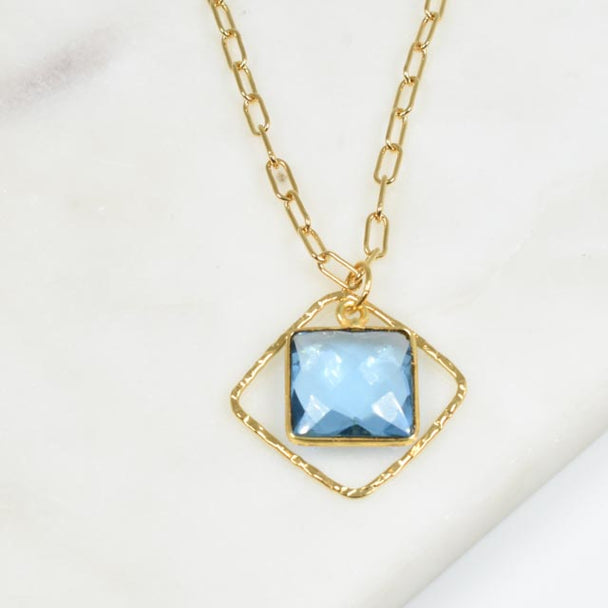 Blue Topaz and Gold Fill Square Necklace