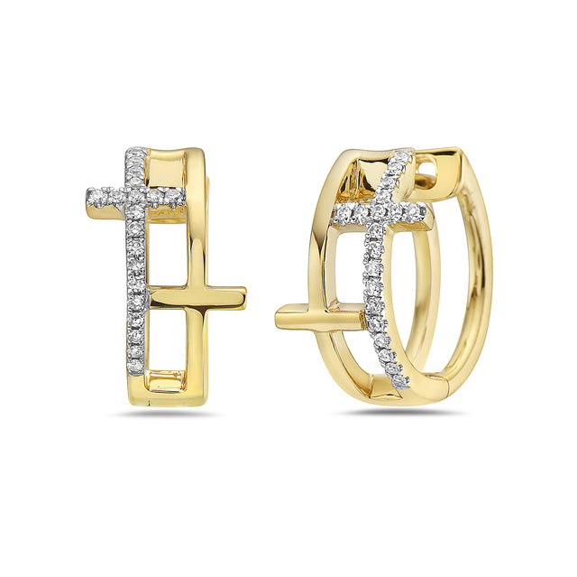 Gold and Diamond Cross Huggie Earrings