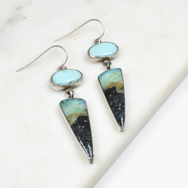 Turquoise and Blue Opalized Wood Earrings