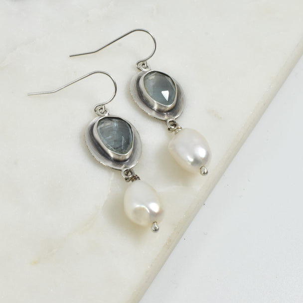 Round Cut Aquamarine and Baroque Pearl Earrings
