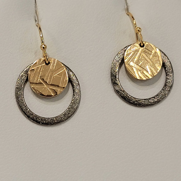 Oxidized and Gold Fill Open Circle Textured Disc Dangle Earrings