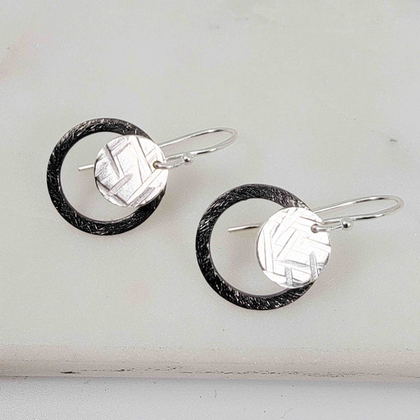 Oxidized and Silver Open Circle Textured Disc Dangle Earrings