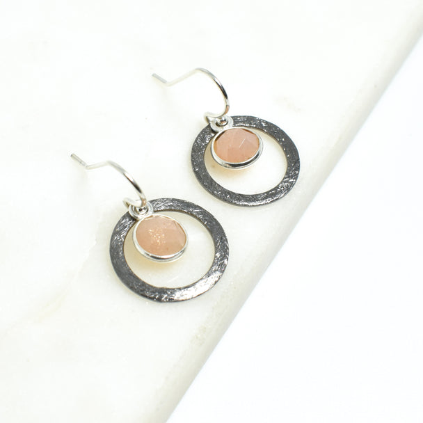 Peach Moonstone Small Oxidized Encompass Earrings