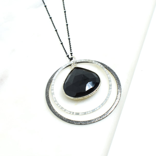 Black Onyx Oxided Silver Double Circle Necklace