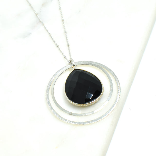 Black Onyx Silver Double Circle Necklace