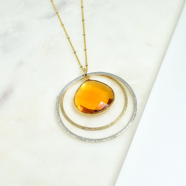 Citrine Two Toned Open Circle Necklace