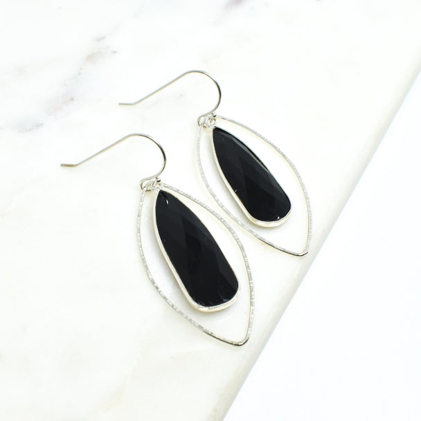 Black Onyx Silver Petal Earrings