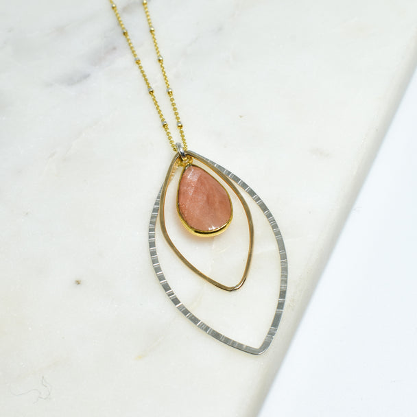 Peach Moonstone Two Tone Layered Petal Necklace