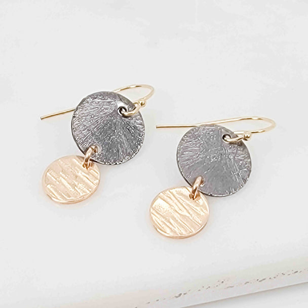 Oxidized and Gold Fill Double Disc Textured Earrings