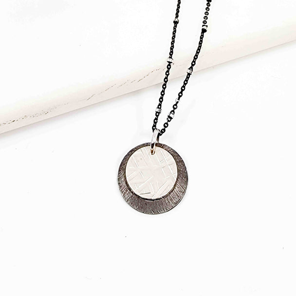 Bright and Oxidized Silver Layered Textured Disc Necklace