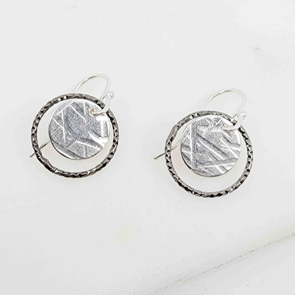 Oxidized and Silver Sparkle Halo Textured Disc Earrings