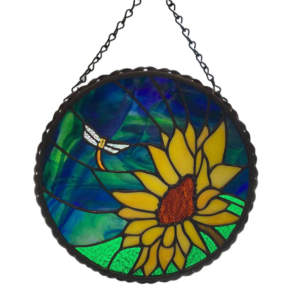 Sunflower and Dragonfly Stained Glass Window
