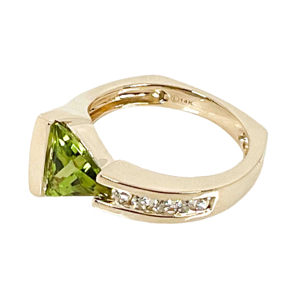 Trillion-cut Peridot and Diamond Channel Ring