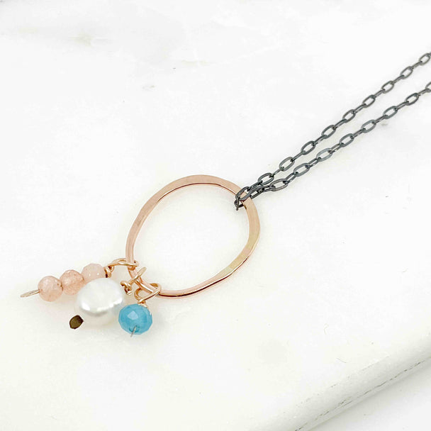 Pearl, Apatite, and Peach Moonstone Pendant Necklace