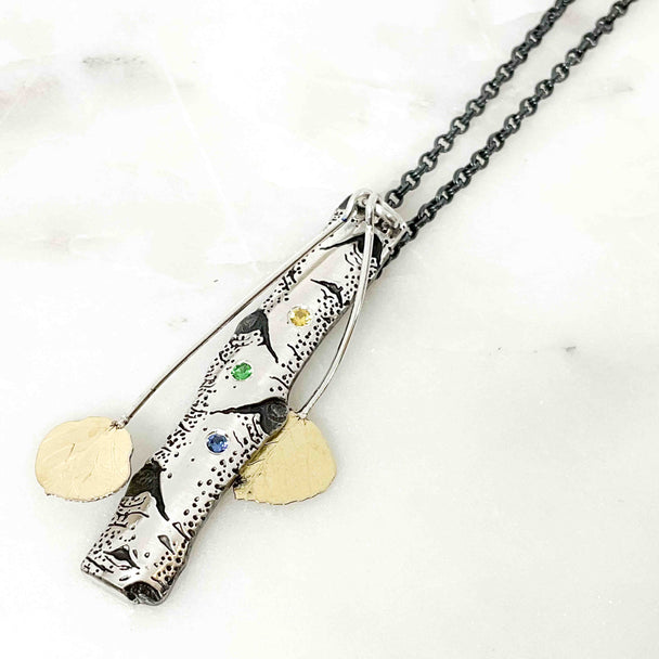 Medium Sapphire Birch Allure Pendant with Leaves Necklace