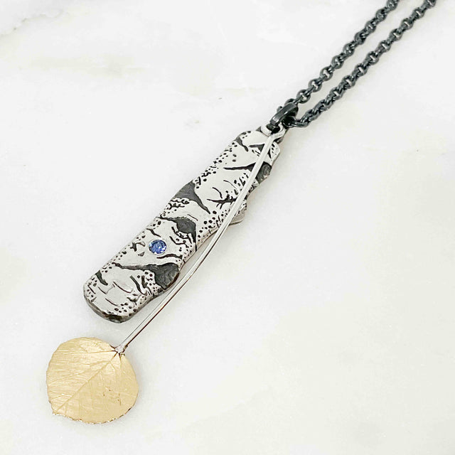 Medium Sapphire Birch Allure Pendant with Leaf Necklace