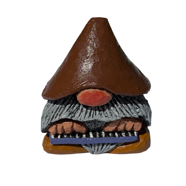 Small gnome figurine with a brown hat on a white surface