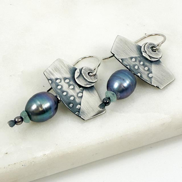 Chased Freshwater Pearl and Ancient Roman Glass Earrings