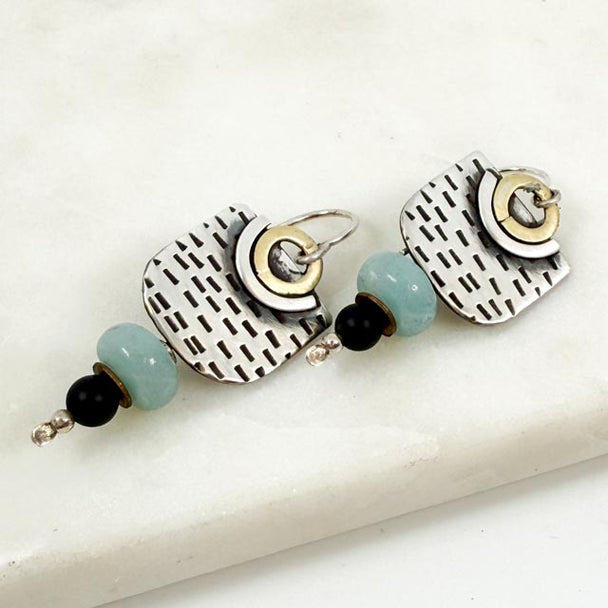 Chased Amazonite and Onyx Earrings