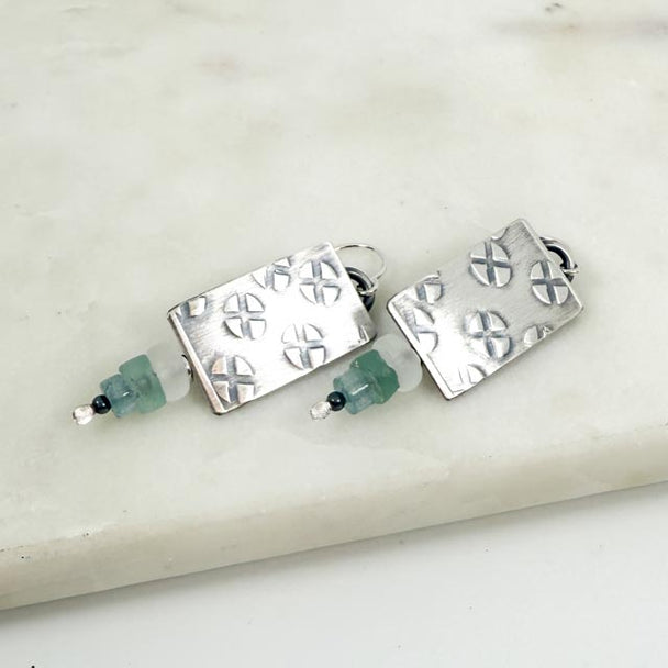 Roller Printed Ancient Roman Glass and Quartz Earrings