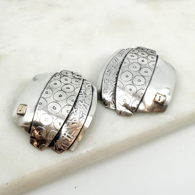 Chased Sterling Silver and Brass Post Earrings