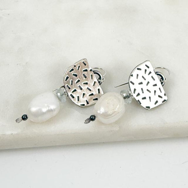 Chased Baroque Pearl and Aquamarine Earrings