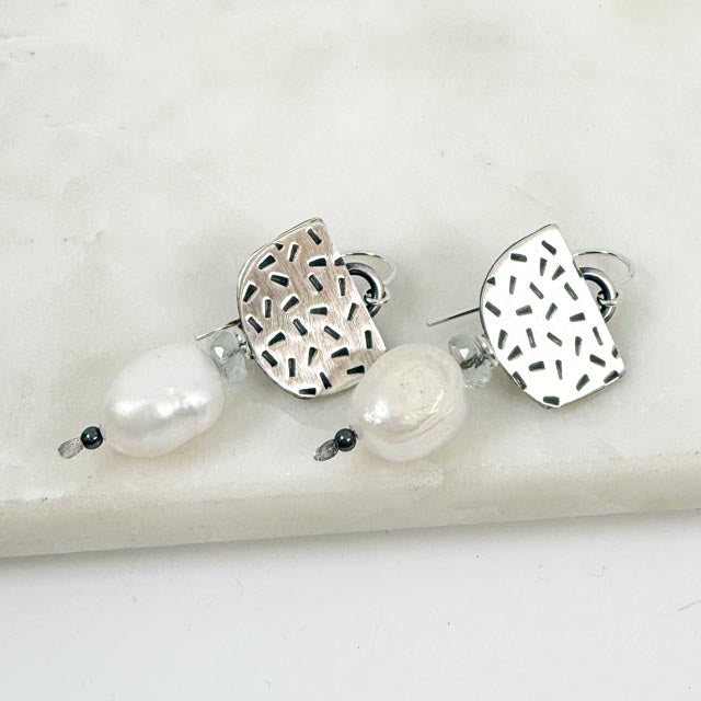 Chased Baroque Pearl and Aquamarine Earrings