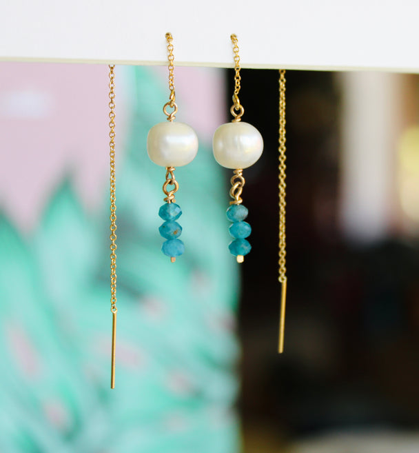Freshwater Pearl and Apatite Threader Earrings